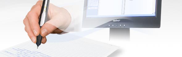 hand holding digital pen and writing on form